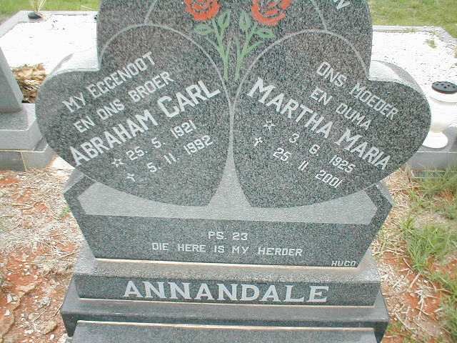 ANNANDALE Abraham Carl 1921-1992 &amp; Martha Maria 1925-2001