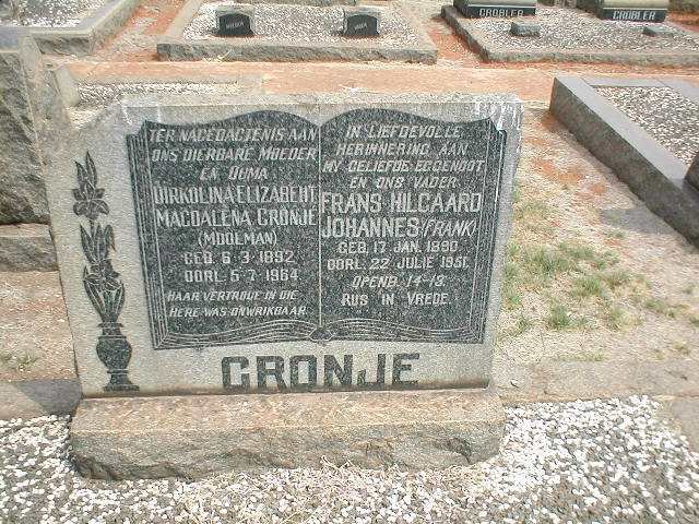 CRONJE Frans Hilgaard Johannes 1890-1951 &amp; Dirkolina Elizabeth Magadalena MOOLMAN 1892-1964