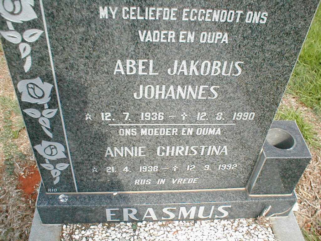 ERASMUS Abel Jakobus Johannes 1936-1990 &amp; Annie Christina 1938-1992