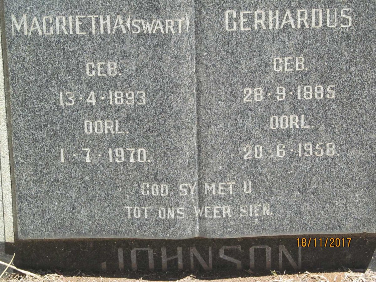 JOHNSON Gerhardus 1885-1958 &amp; Magrietha SWART 1893-1970