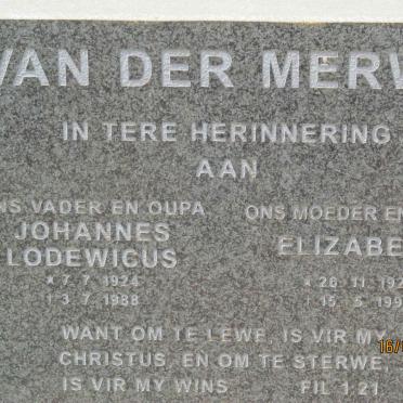 MERWE Johannes Lodewicus, van der 1924-1988 &amp; Elizabeth 1926-1994