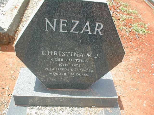 NEZAR Christina M.J. nee COETZER 1905-1972