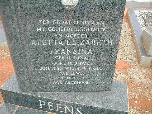 PEENS Aletta Elizabeth Fransina 1914-1976