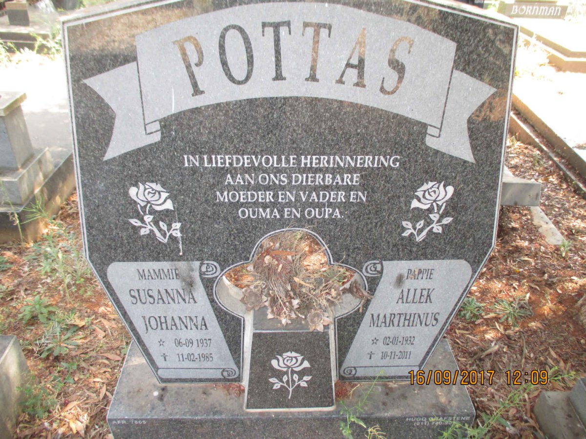 POTTAS Allek Marthinus 1932-2011 &amp; Susanna Johanna 1937-1985