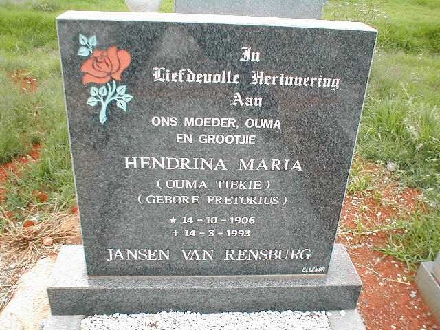 RENSBURG Hendrina Maria, Jansen van, nee PRETORIUS 1906-1993