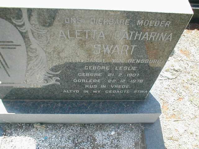 RENSBURG Aletta Catharina, Janse van voorheen SWART nee LESLIE 1907-1978