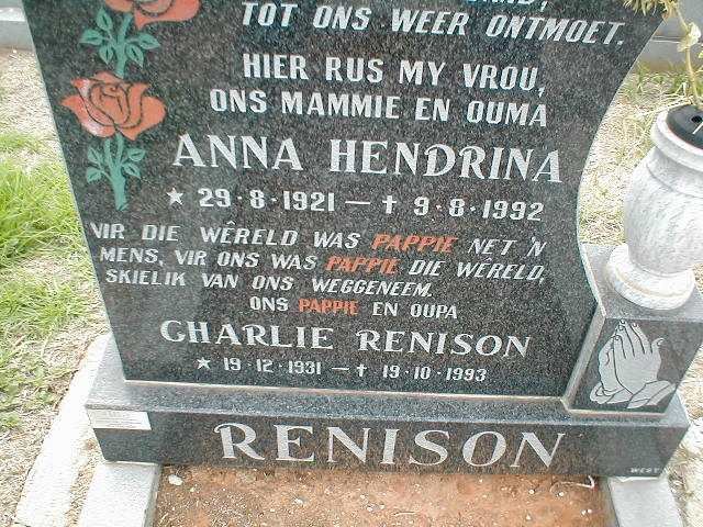 RENISON Charlie 1931-1993 &amp; Anna Hendrina 1921-1992