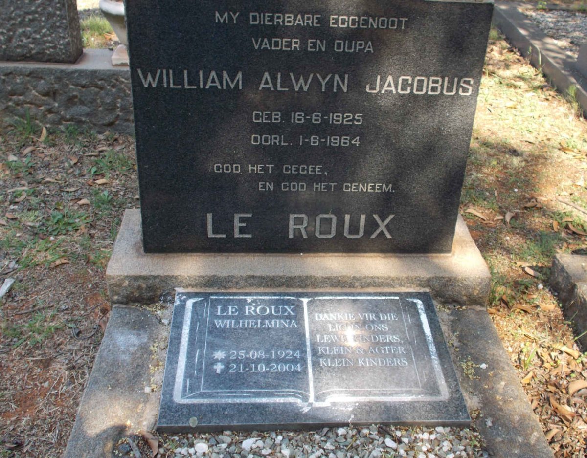 ROUX William Alwyn Jacobus, le 1925-1964 &amp; Wilhelmina 1924-2004