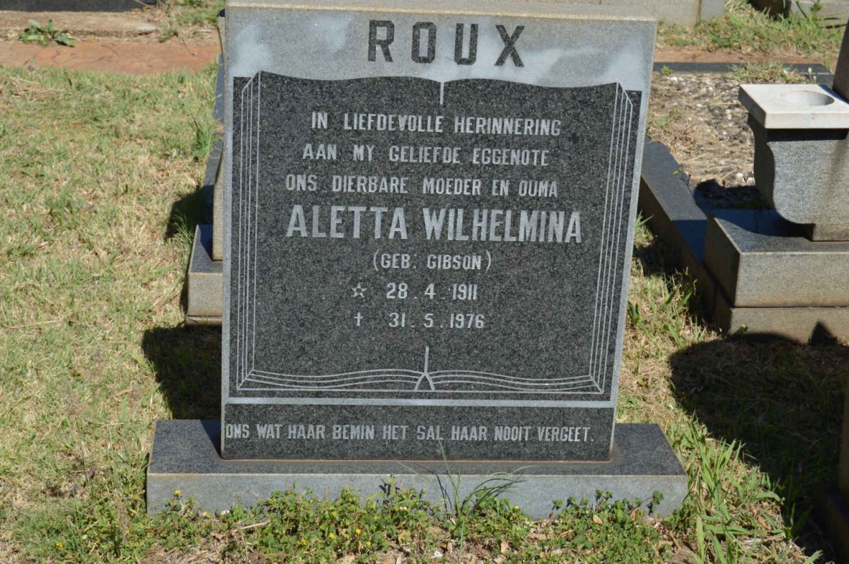 ROUX Michael Parry 1904-1988 &amp; Aletta Wilhelmina GIBSON 1911-1976