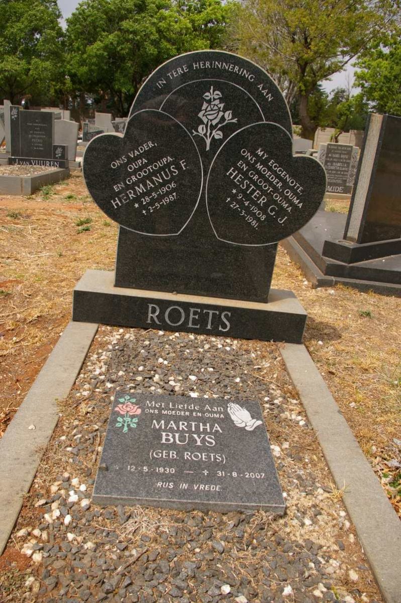 ROETS Hermanus F. 1906-1987 &amp; Hester G.J. 1908-1981 :: BUYS Martha nee ROETS 1930-2007