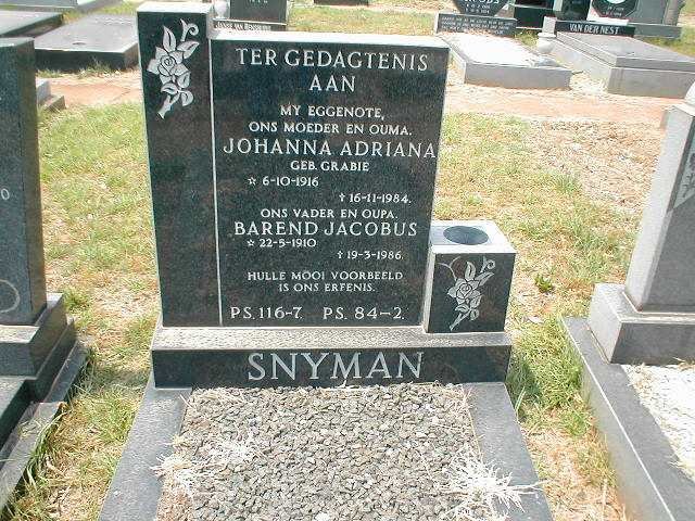 SNYMAN Barend Jacobus 1910-1986 &amp; Johanna Adriana GRABIE 1916-1984