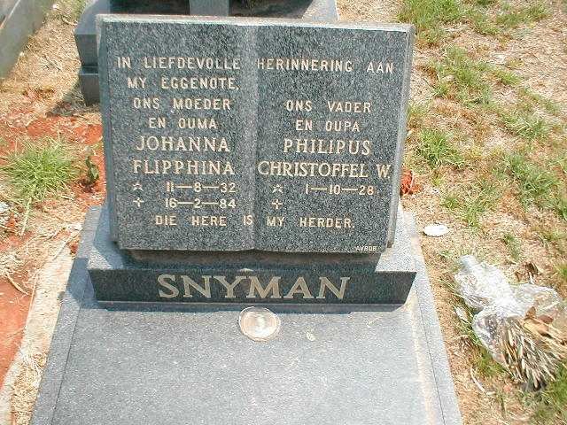 SNYMAN Philipus Christoffel W. 1928- &amp; Johanna Flipphina 1932-1984