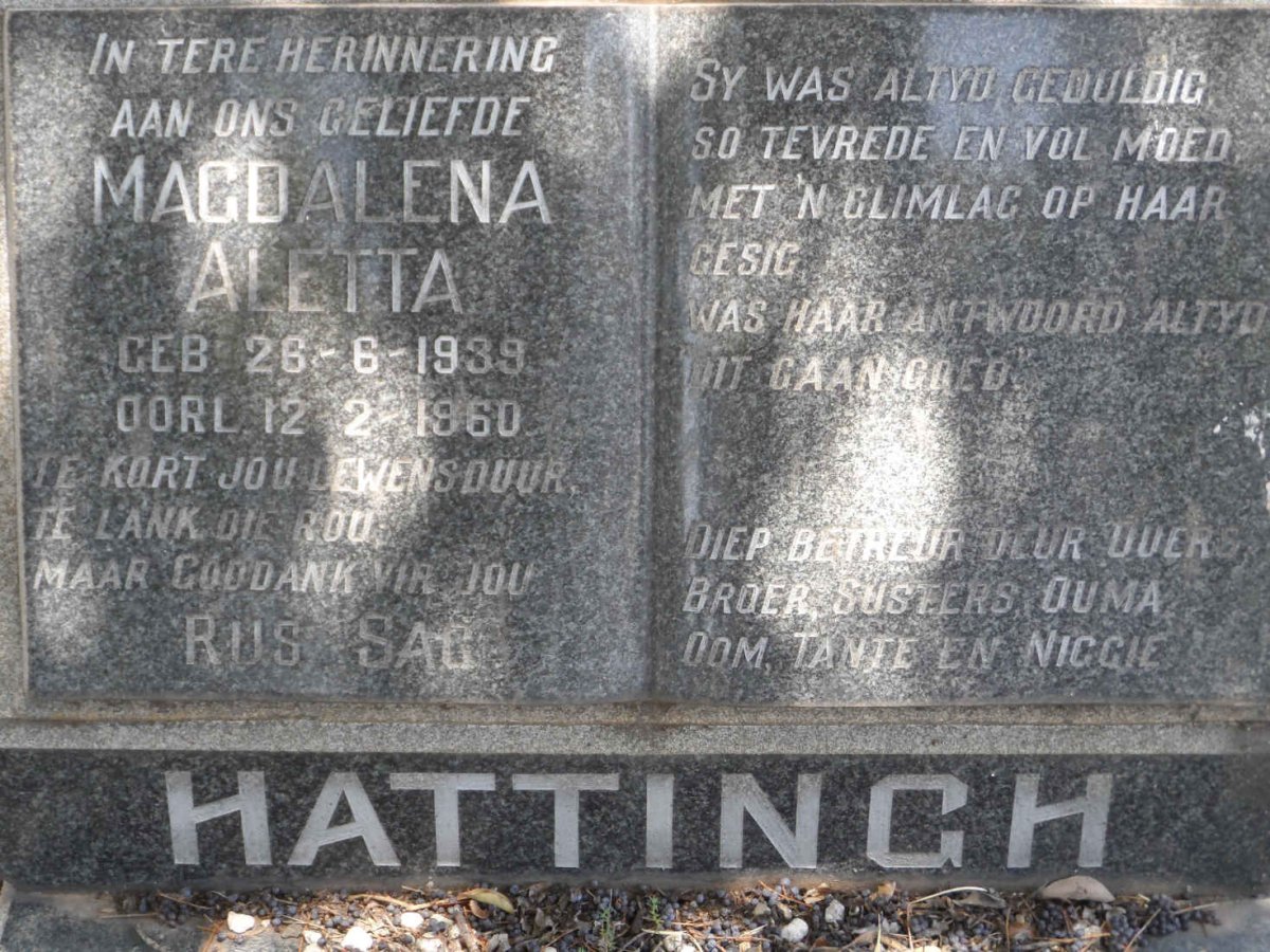 HATTINGH Magdalena Aletta 1939-1960