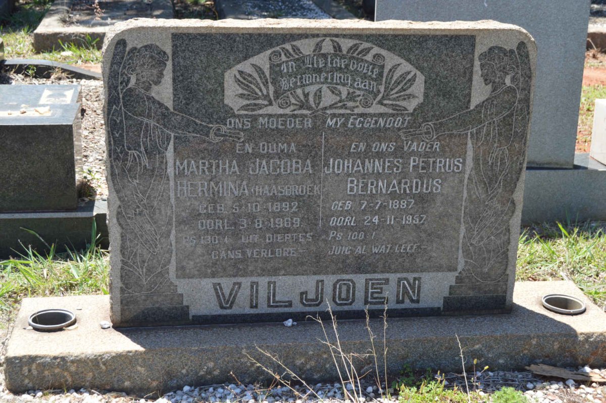 VILJOEN Johannes Petrus Bernardus 1887-1957 &amp; Martha Jacoba Hermina HAASBROEK 1892-1969