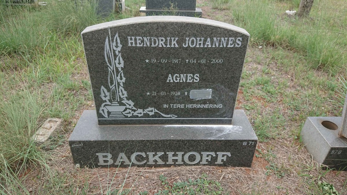 BACKHOFF Hendrik Johannes 1917-2000 & Agnes 1924-2019