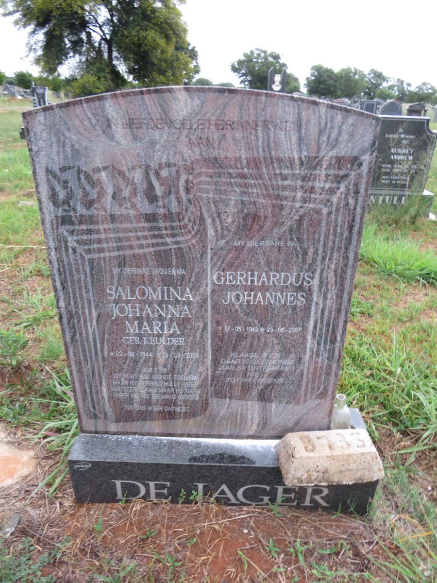 JAGER Gerhardus Johannes, de 1942-2007 & Salomina Johanna Maria KEULDER 1944-2004