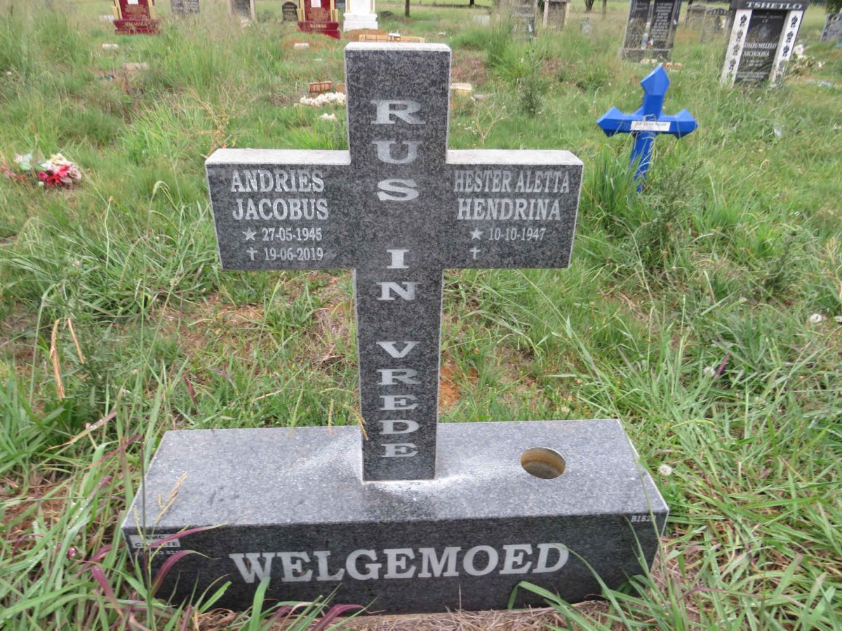 WELGEMOED Andries Jacobus 1945-2019 & Hester Aletta Hendrina 1947-