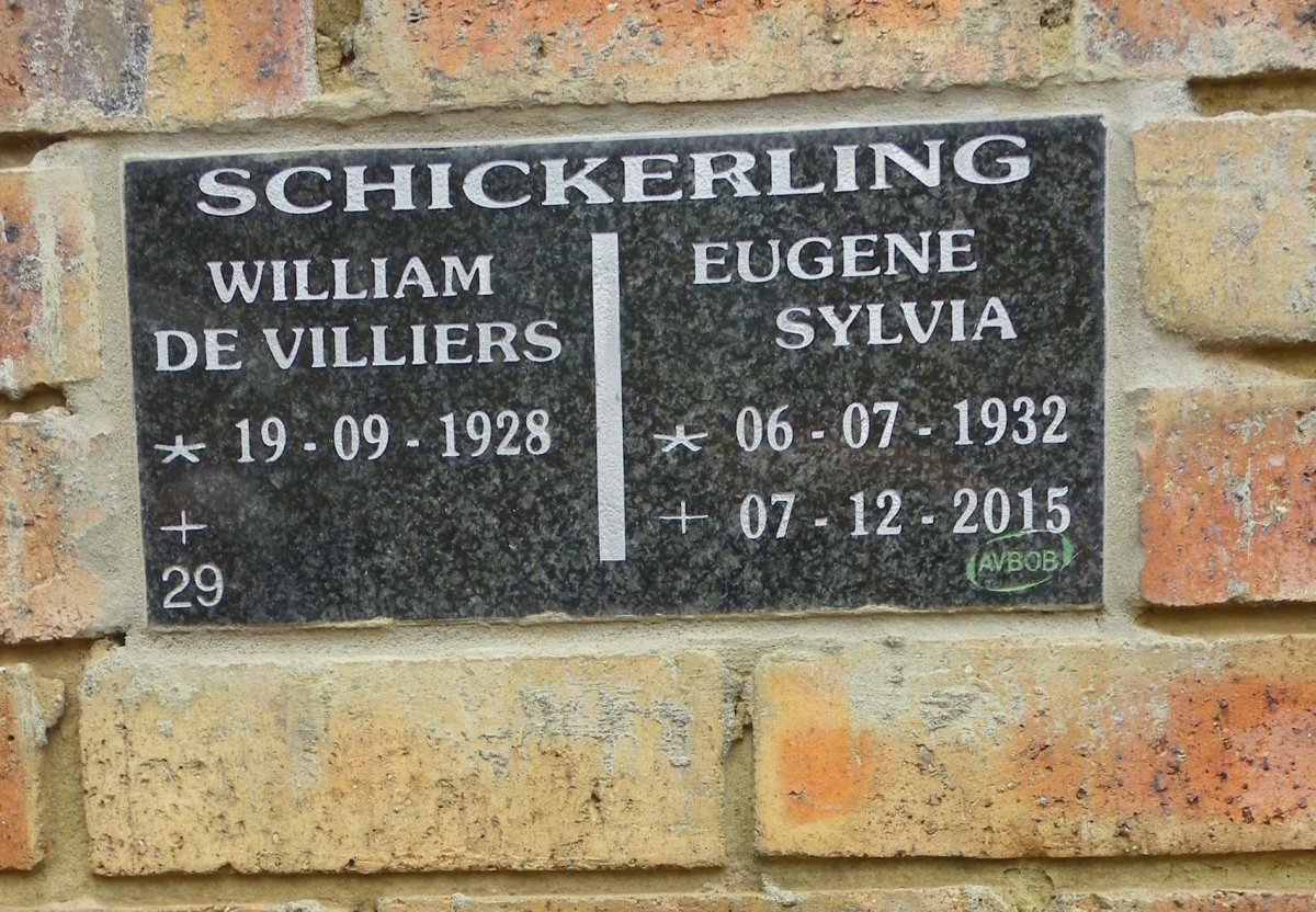 SCHICKERLING William De Villiers 1928- &amp; Eugene Sylvia 1932-2015