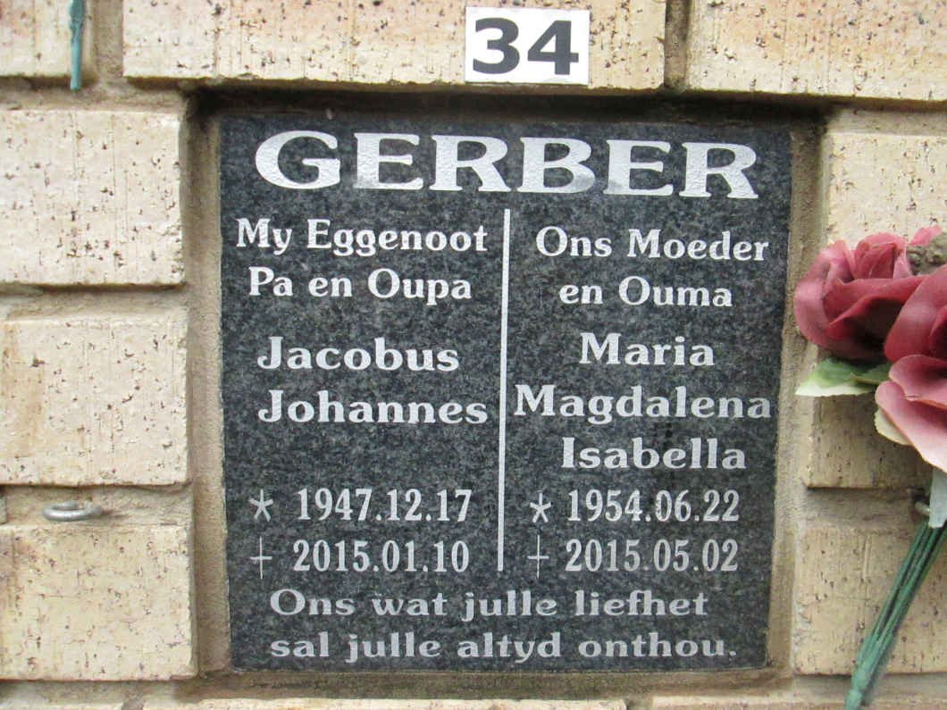 GERBER Jacobus Johannes 1947-2015 &amp; Maria Magdalena Isabella 1954-2015