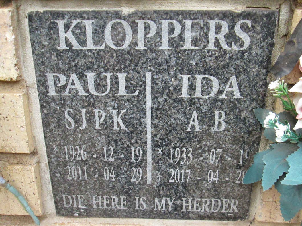 KLOPPERS S.J.P.K. 1926-2011 &amp; A.B. 1933-2017