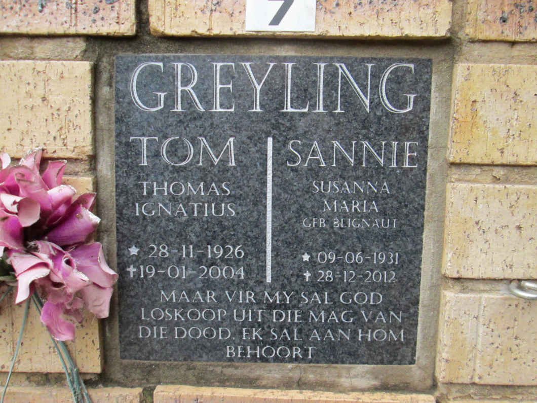 GREYLING Thomas Ignatius 1926-2004 &amp; Susanna Maria BLIGNAUT 1931-2012