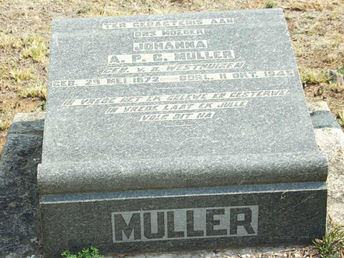 MULLER Johanna A.P.C. nee V.D.WESTHUIZEN 1872-1945
