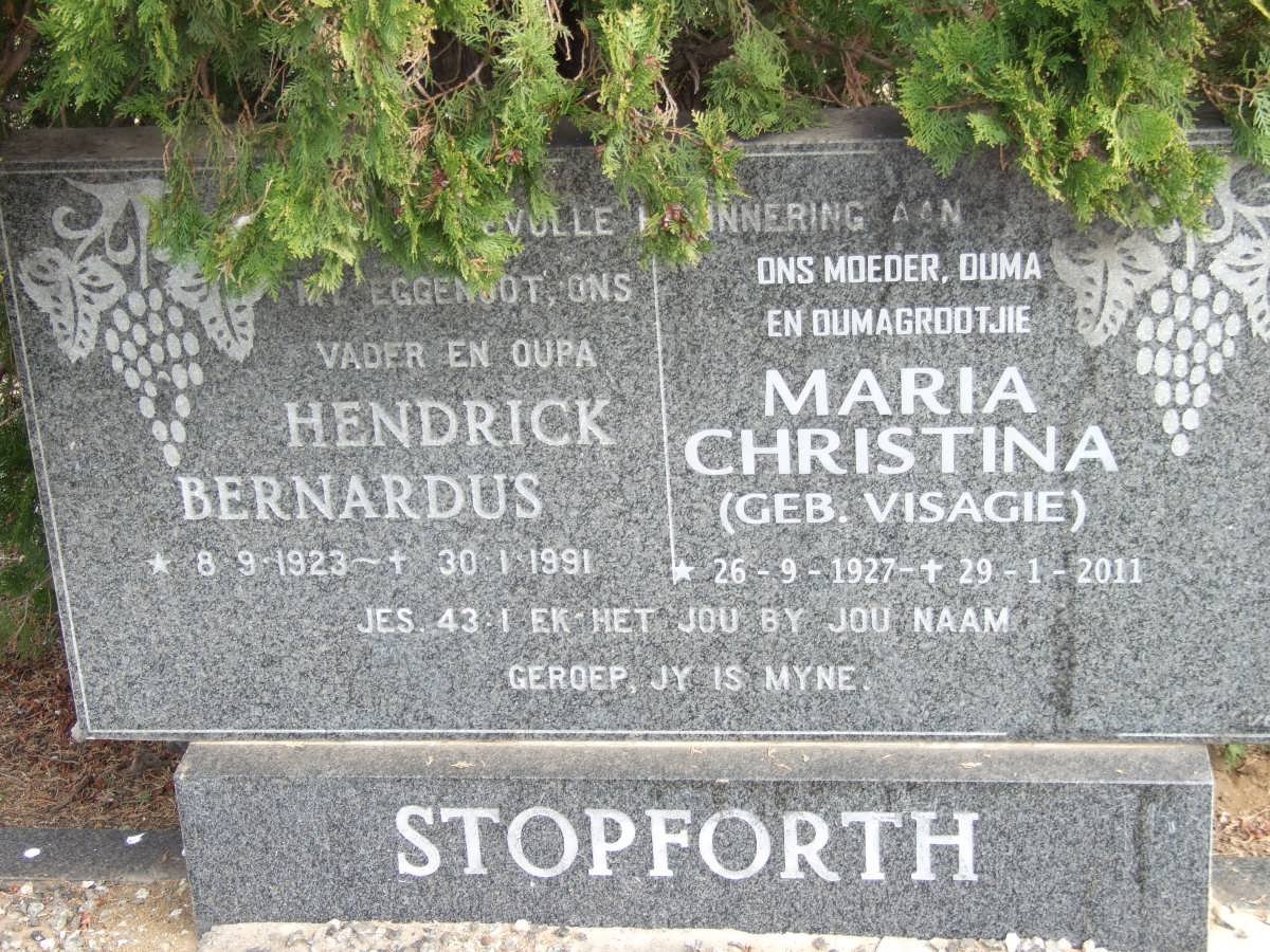 STOPFORTH Hendrick Bernardus 1923-1991 &amp; Maria Christina VISAGIE 1927-2011