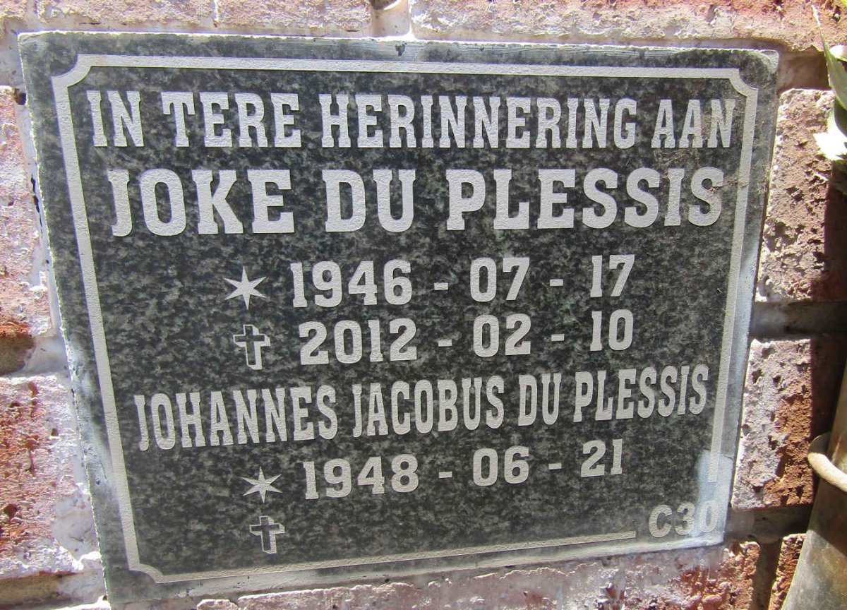 PLESSIS Johannes Jacobus, du 1948- & Joke 1946-2012  