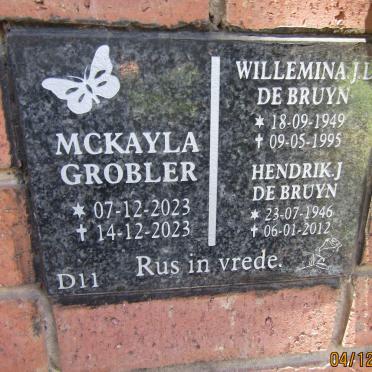 BRUYN Hendrik J., de 1946-2012 & Willemina J.L. 1949 - 1995 :: GROBLER Mckayla 2023-2023