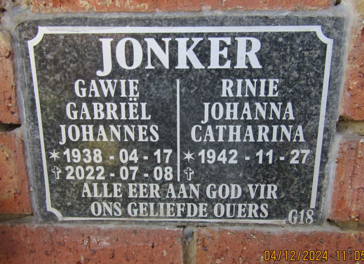 JONKER Gabriel Johannes 1938-2022 & Johanna Catharina 1942-