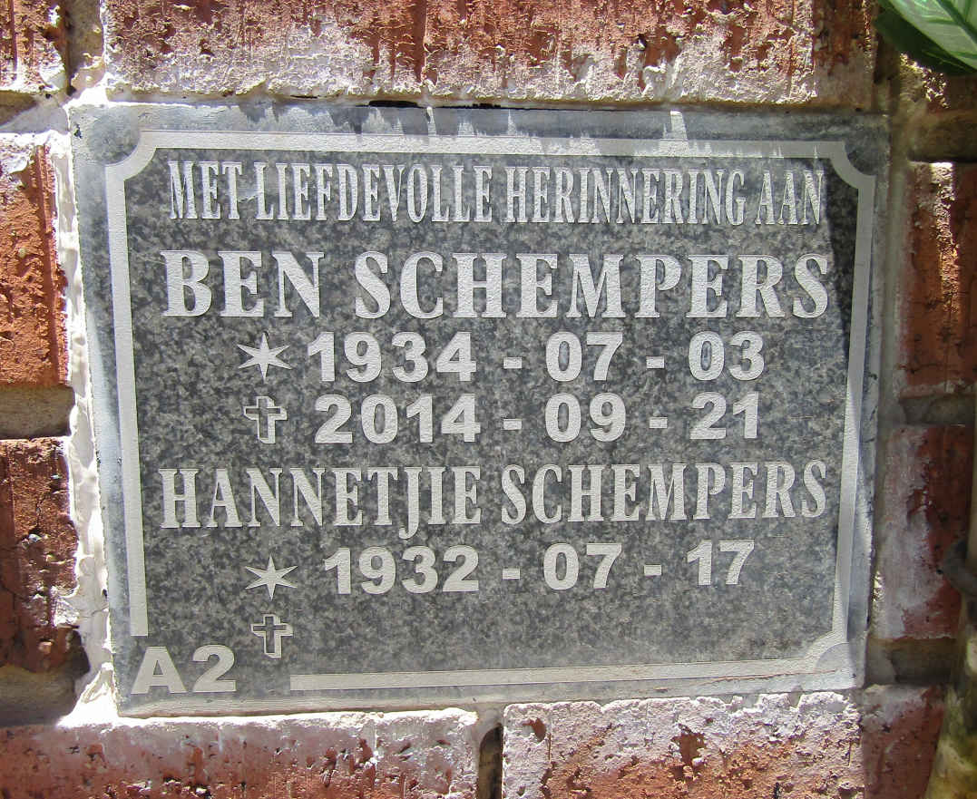 SCHEMPERS Ben 1934-2014 & Hannetjie 1932-
