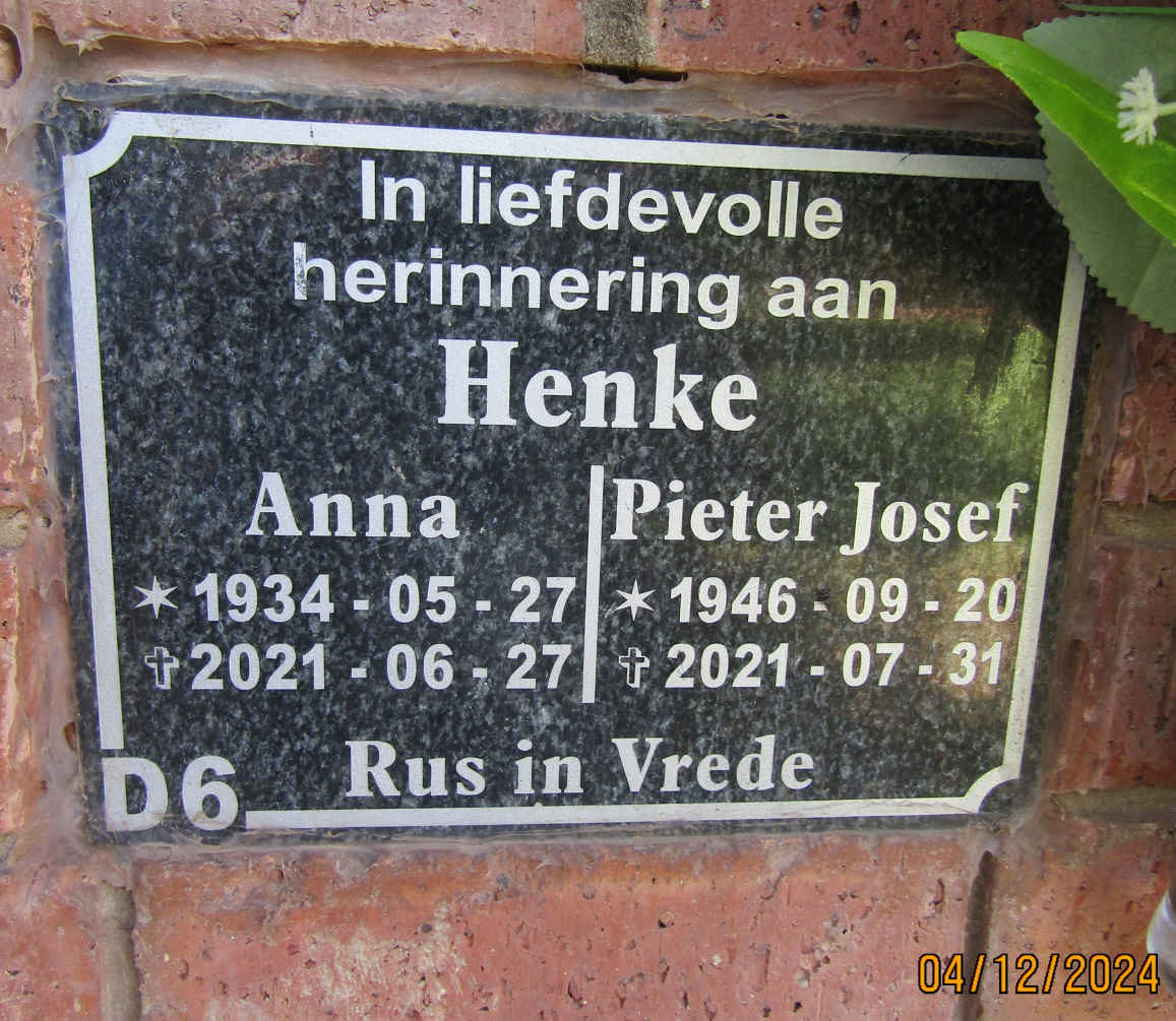 HENKE Pieter Josef 1946-2021 & Anna 1934-2021