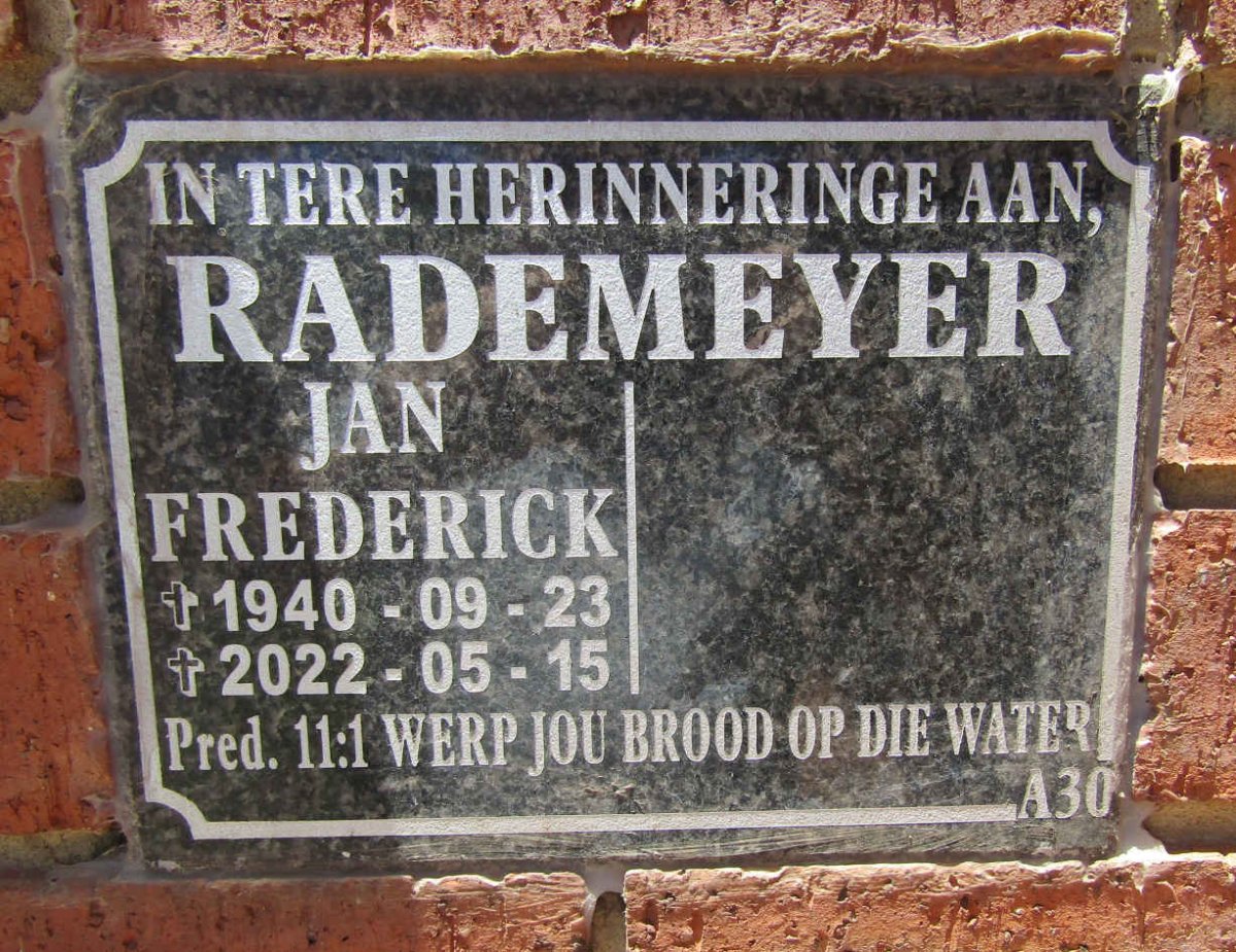 RADEMEYER Jan Frederick 1940-2022