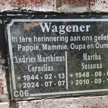 WAGENER Andries Marthinus Cornelius 1944-2024 & Martha Susanna 1948-2010