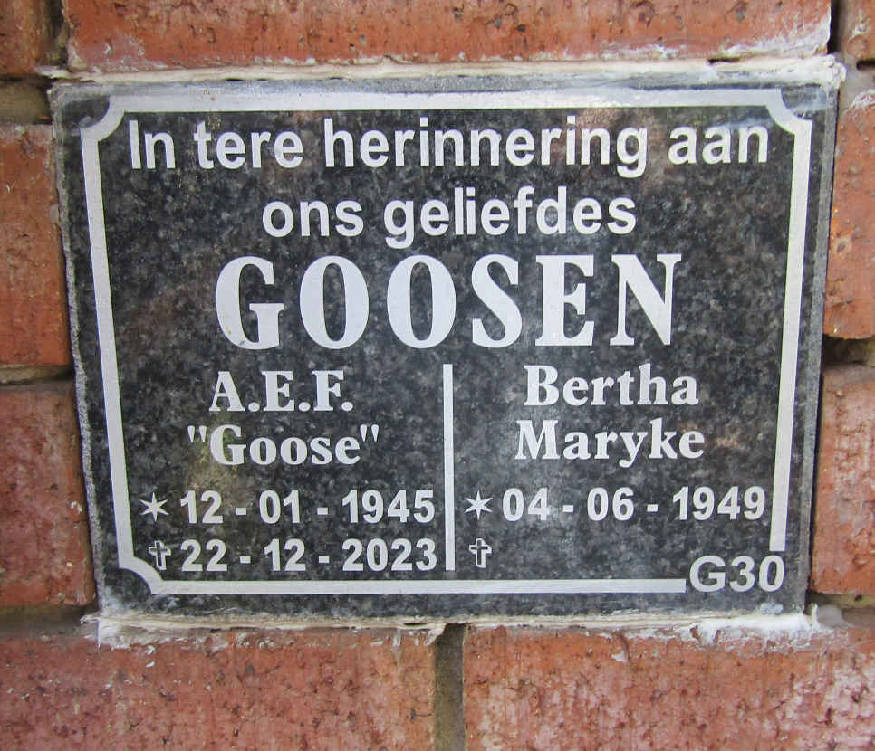 GOOSEN A.E.F. 1945-2023 & Bertha Maryke 1949-
