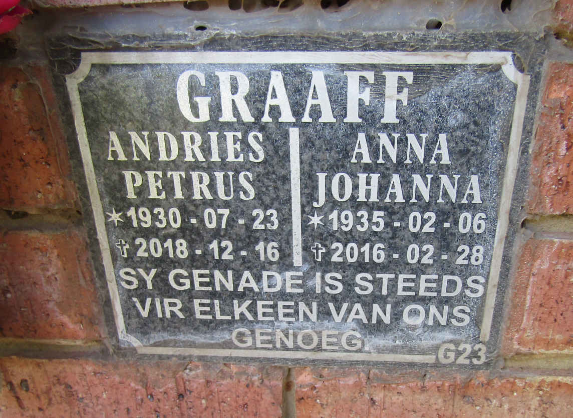 GRAAFF Andries Petrus 1930-2018 & Anna Johanna 1935-2016