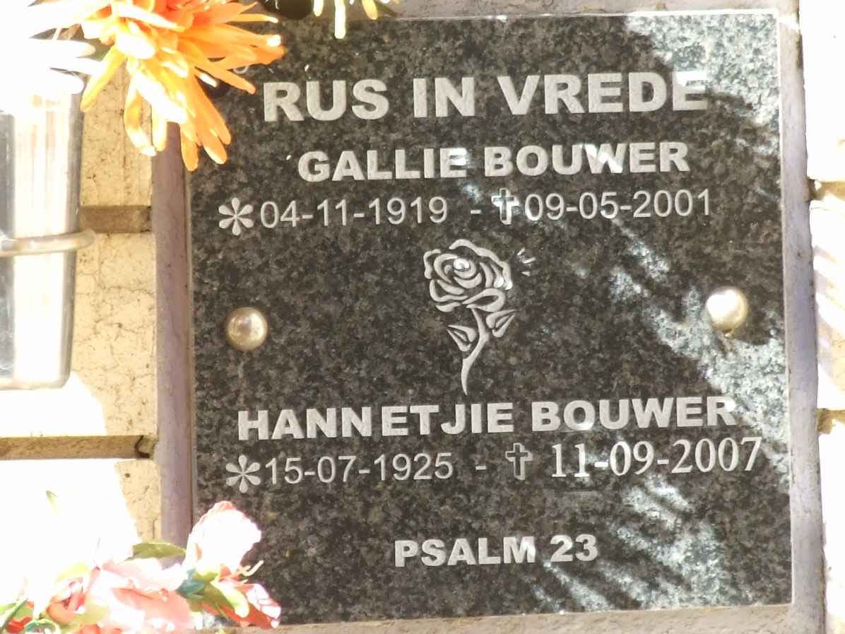 BOUWER Gallie 1919-2001 &amp; Hannetjie 1925-2007