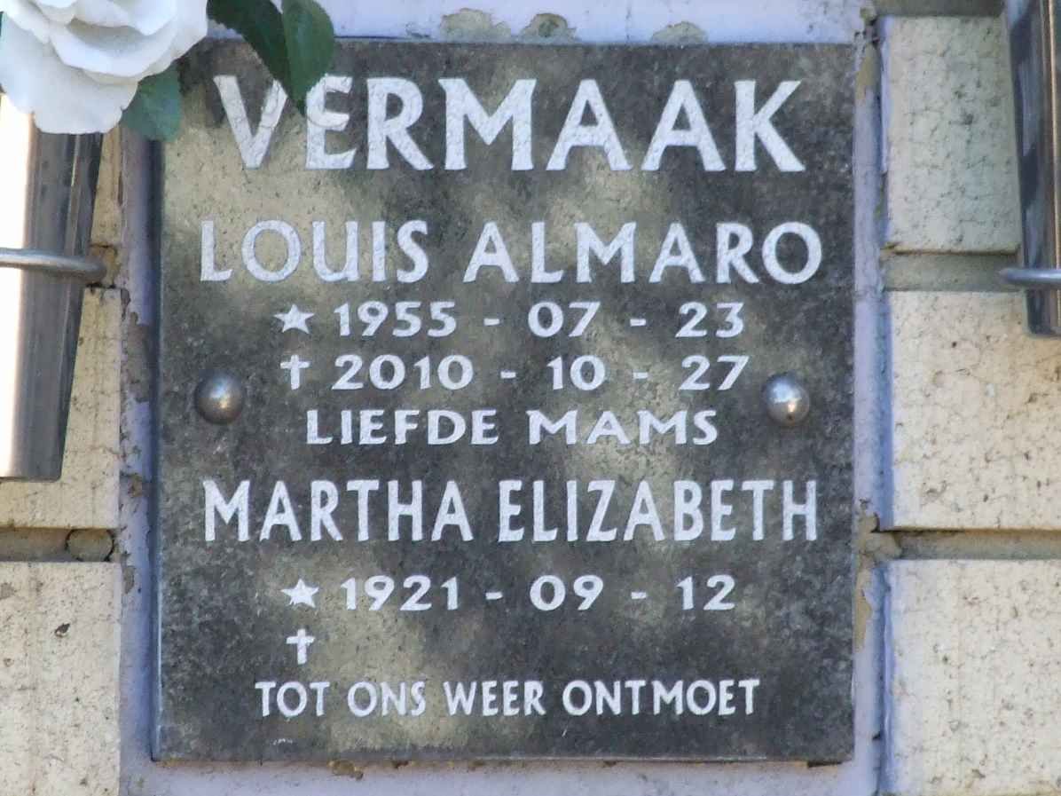 VERMAAK Louis Almaro 1955-2010 &amp; Martha Elizabeth 1921-
