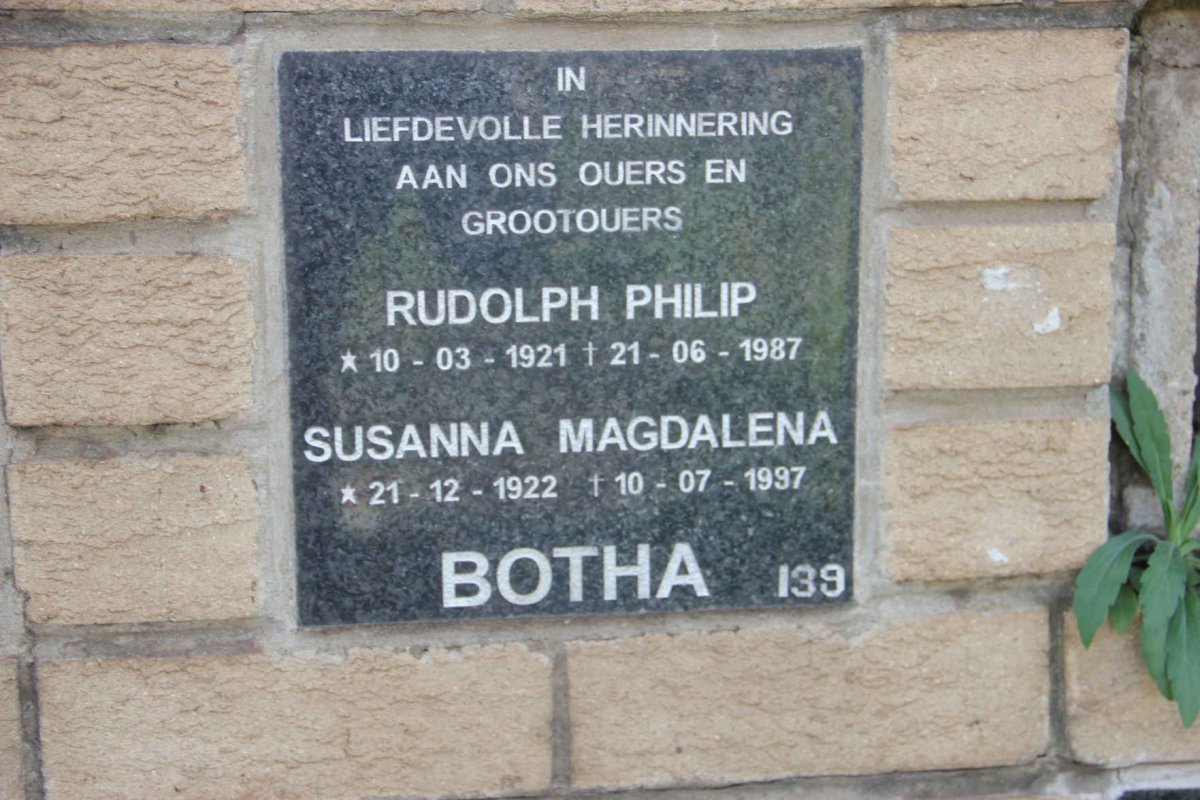 BOTHA Rudolph Philip 1921-1987 &amp; Susanna Magdalena 1922-1997