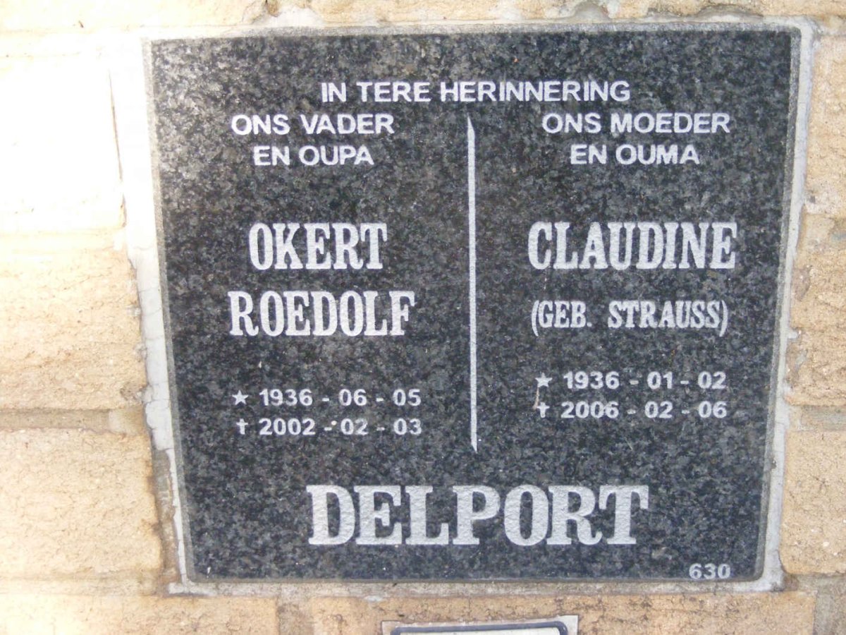 DELPORT Okert Roedolf 1936-2002 &amp; Claudine STRAUSS 1936-2006