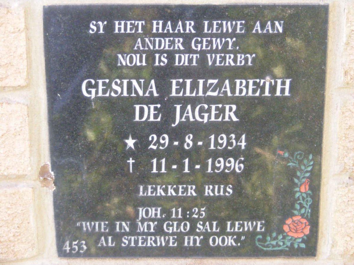 JAGER Gesina Elizabeth, de 1934-1996