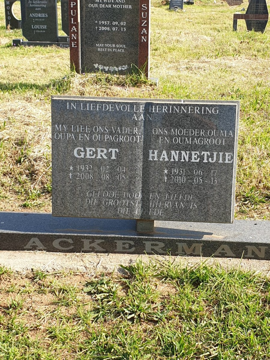 ACKERMAN Gert 1932-2008 &amp; Hannetjie 1931-2010