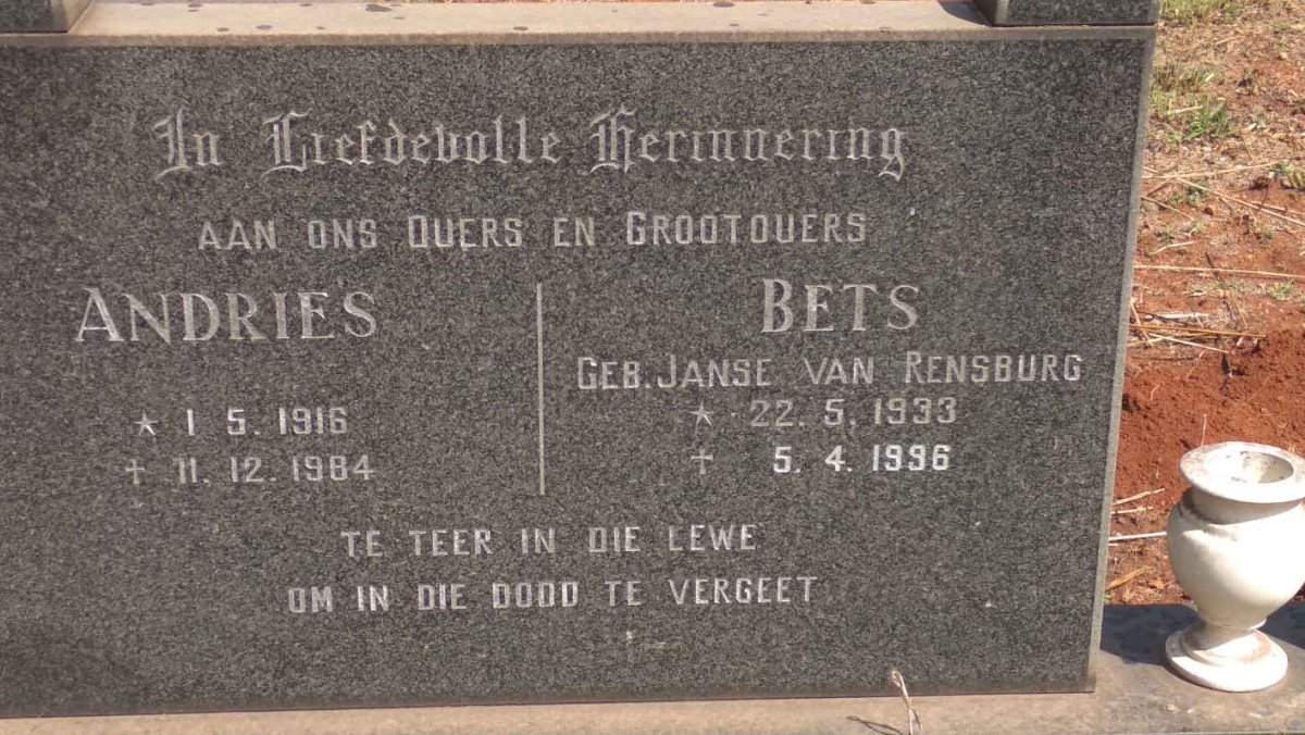 BARNARD Andries 1916-1984 &amp; Bets JANSE VAN RENSBURG 1933-1996