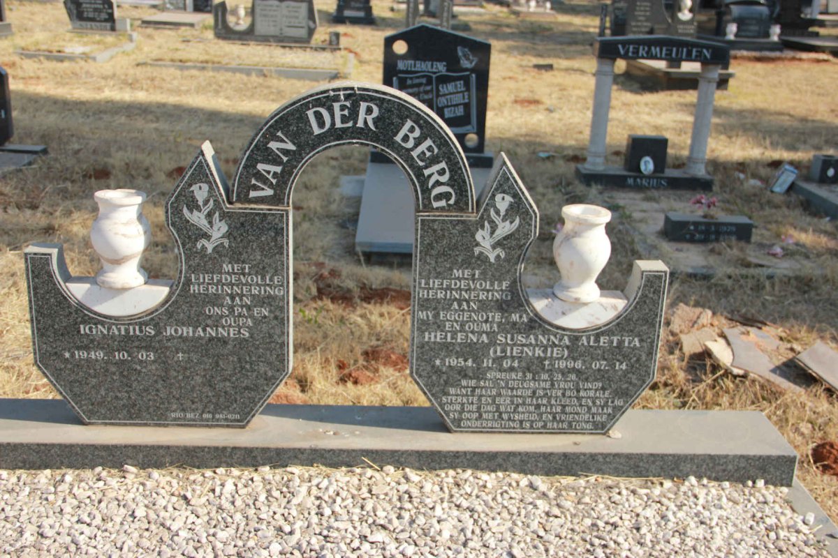 BERG Ignatius Johannes, van der 1949- &amp; Helena Susanna Aletta 1954-1996