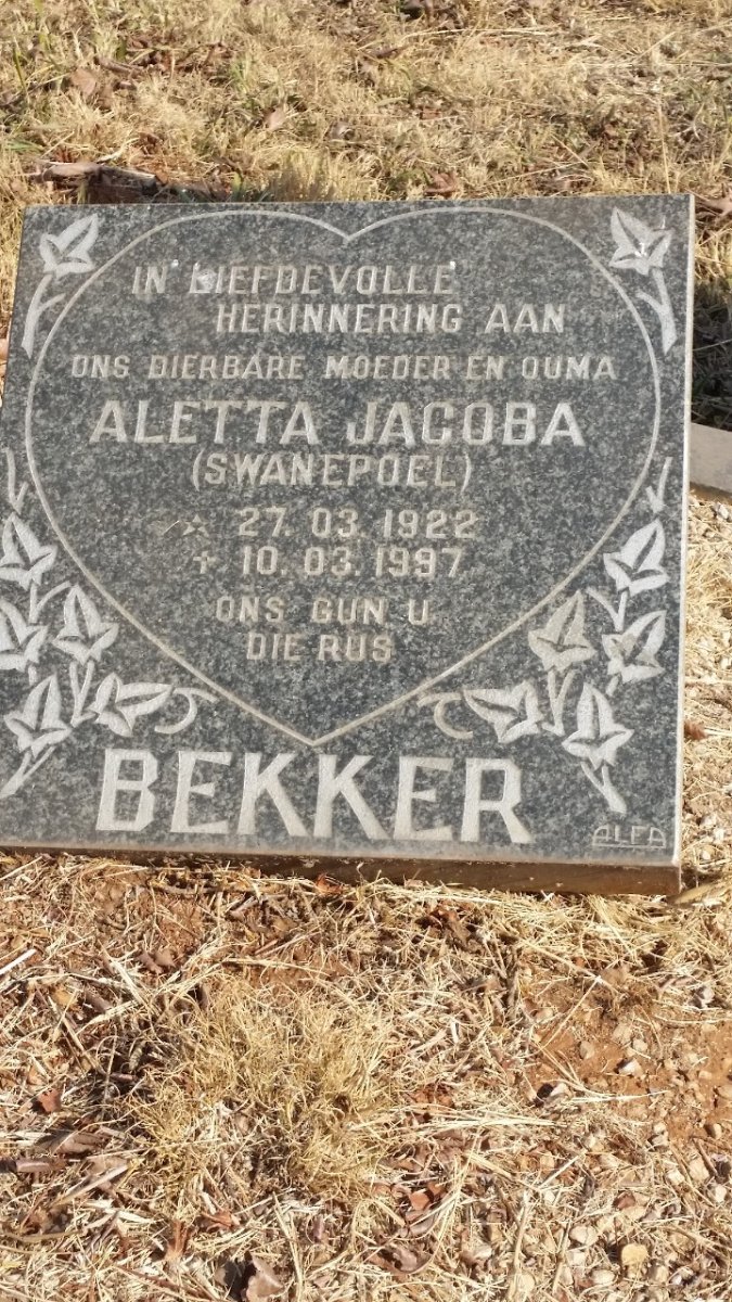 BEKKER Aletta Jacoba nee SWANEPOEL 1922-1997