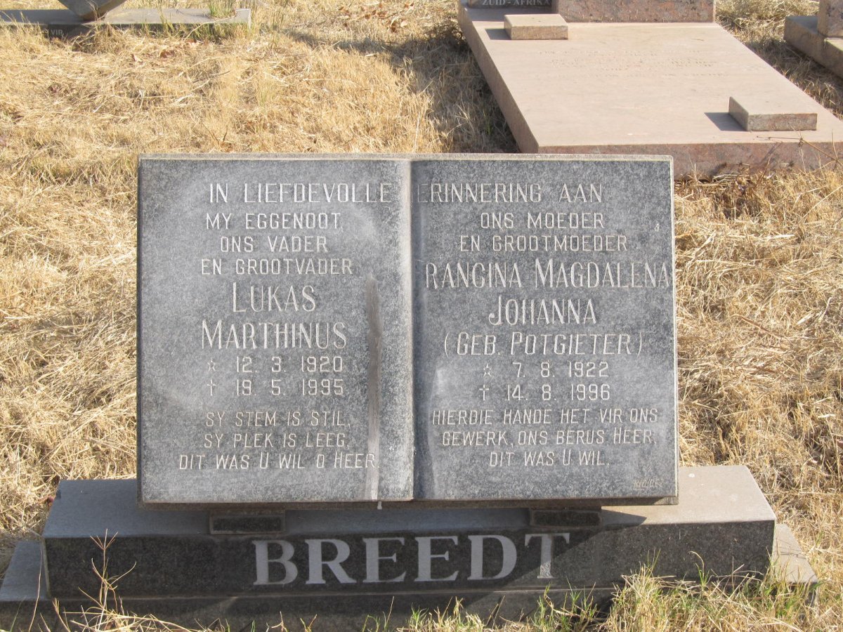 BREEDT Lukas Marthinus 1920-1995 &amp; Rangina Magdalena Johanna POTGIETER 1922-1996