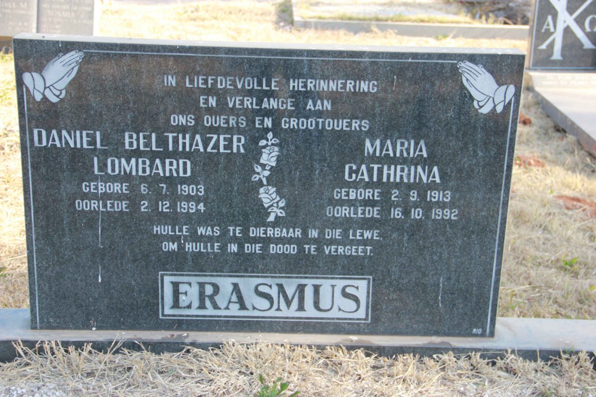 ERASMUS Daniel Belthazer Lombard 1903-1994 &amp; Maria Cathrina 1913-1992