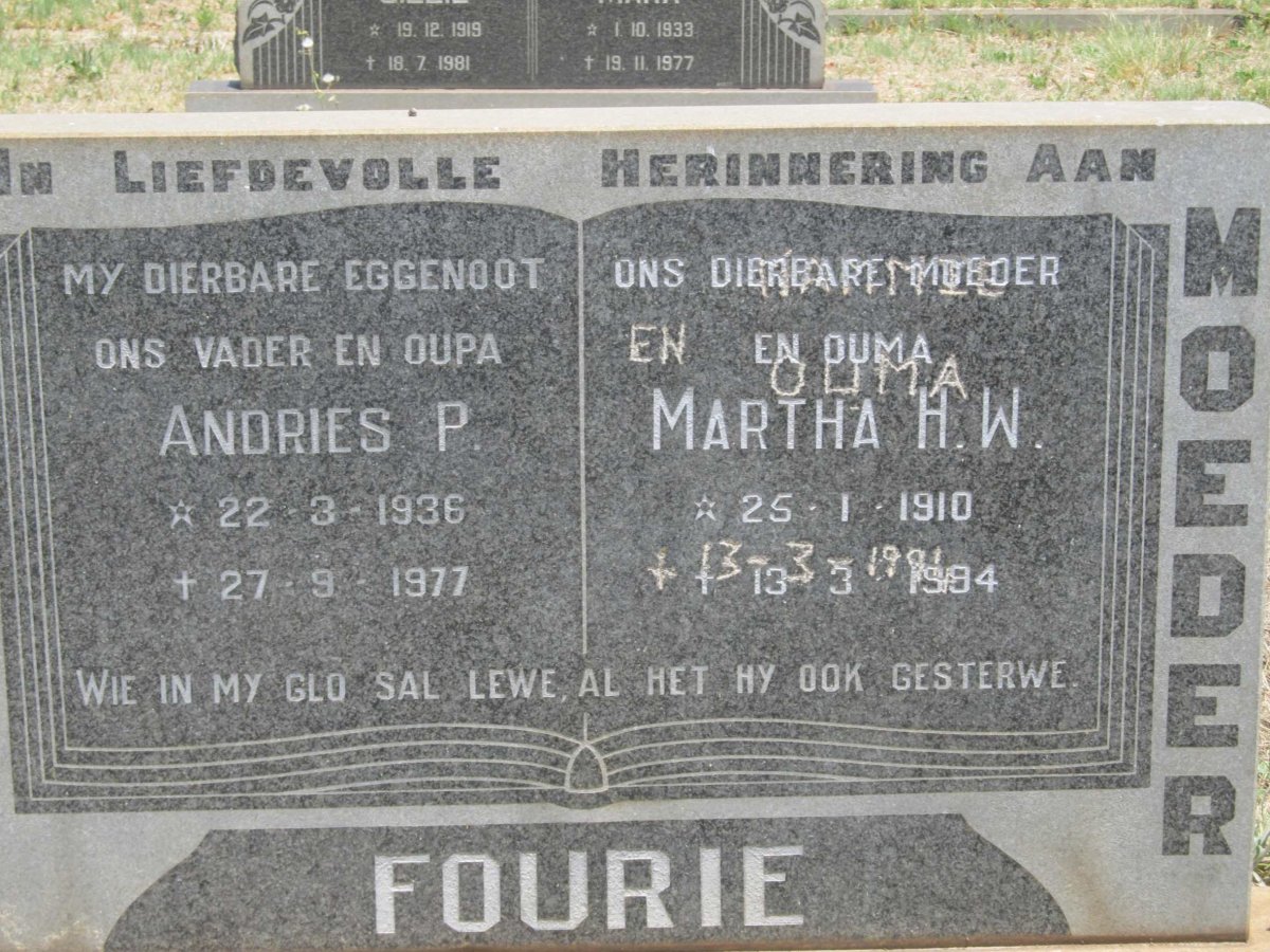 FOURIE Andries P. 1936-1977 &amp; Martha H.W. 1910-1984