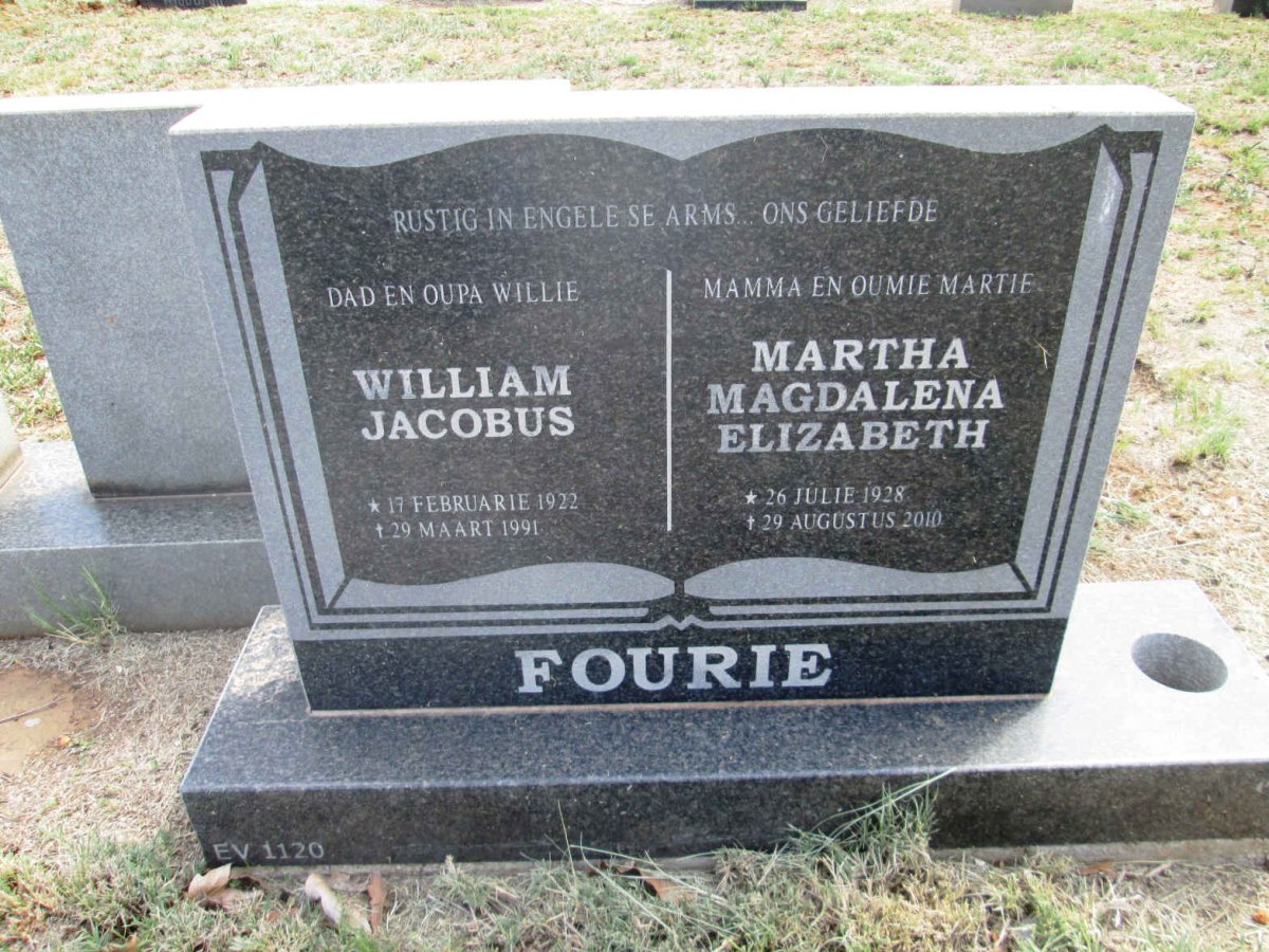 FOURIE William Jacobus 1922-1991 &amp; Martha Magdalena Elizabeth 1928-2010