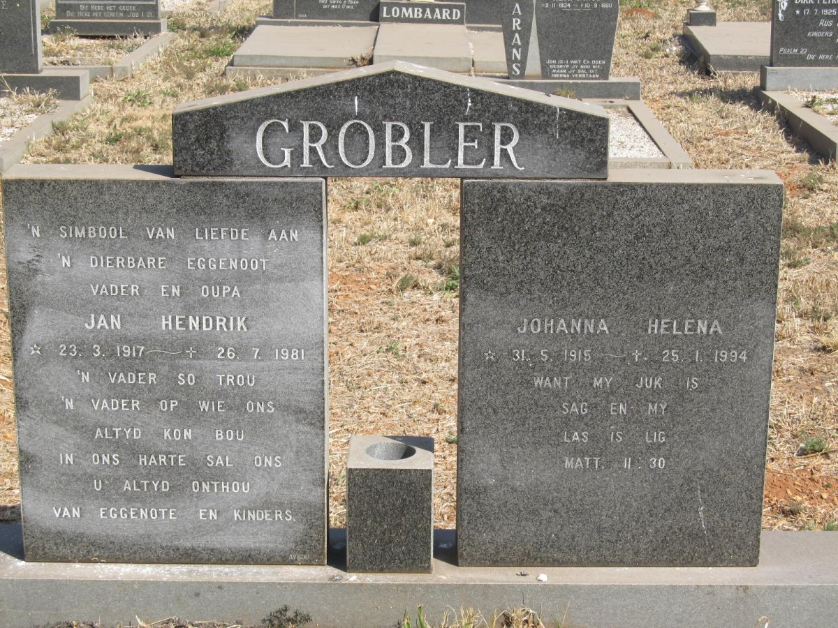 GROBLER Jan Hendrik 1917-1981 &amp; Johanna Helena 1915-1994